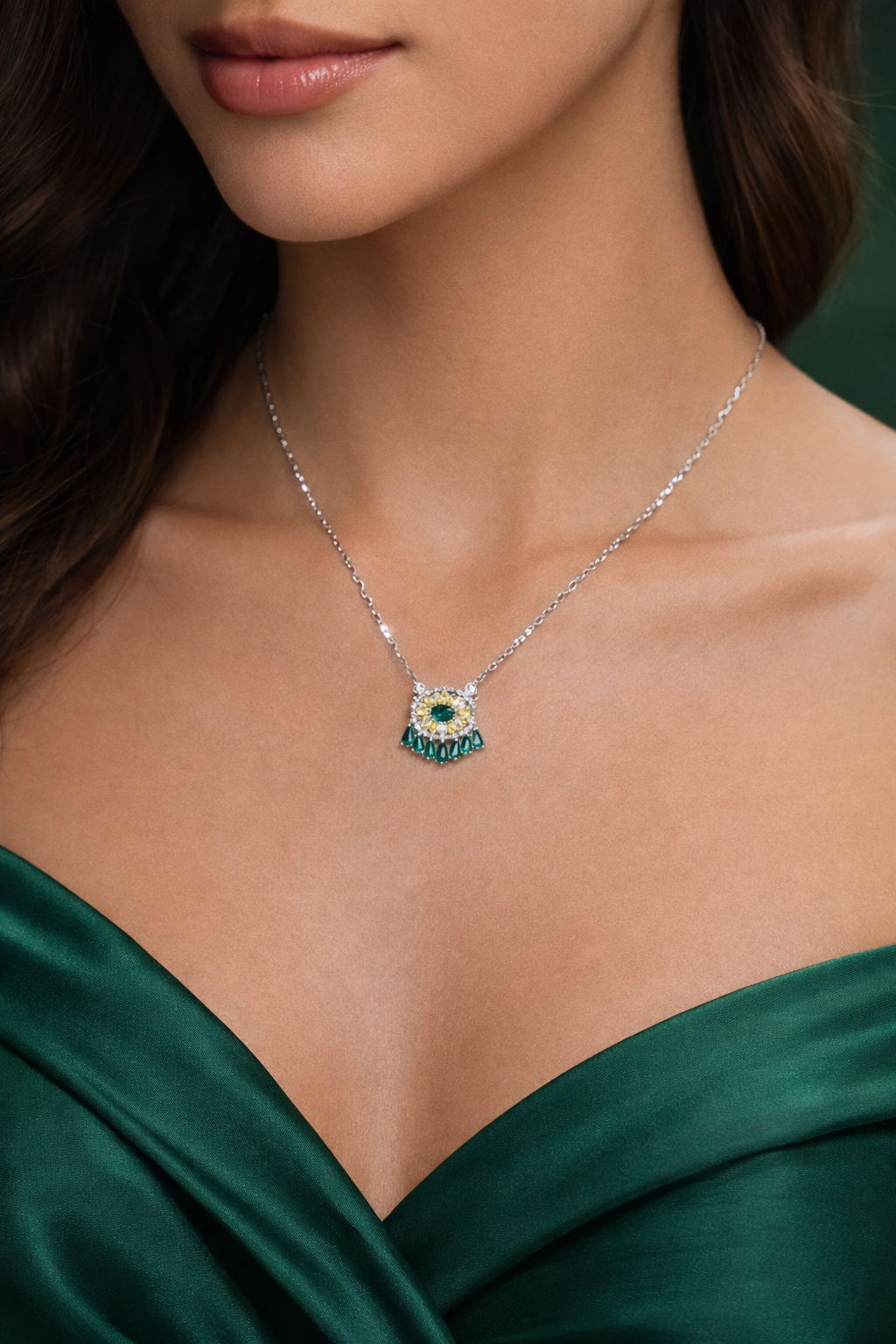 Emerald Floral Pendant Necklace β Crystal Halo with Elegant Drop Accents