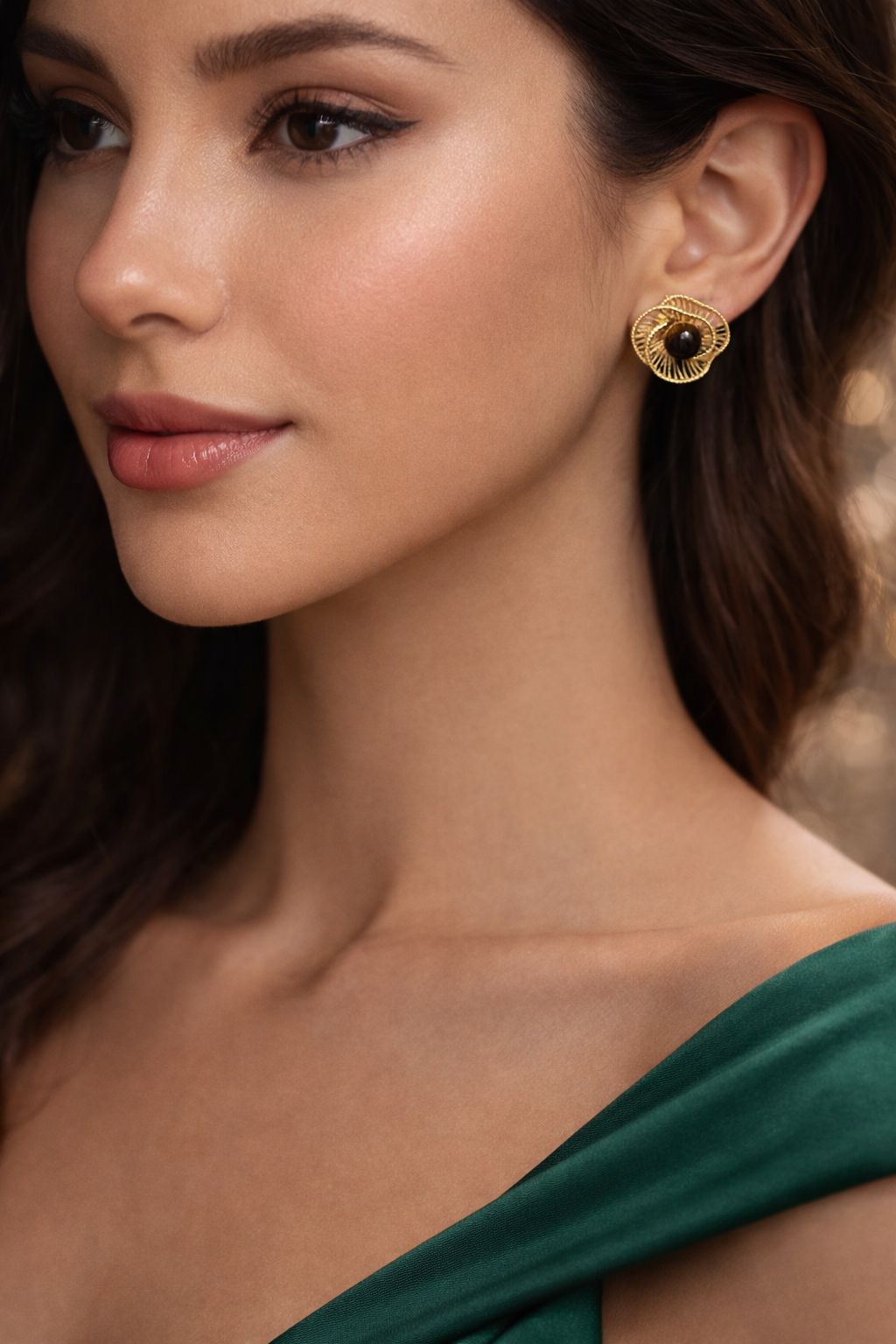 Vintage Gold Tiger’s Eye Stud Earrings – Filigree Statement Design