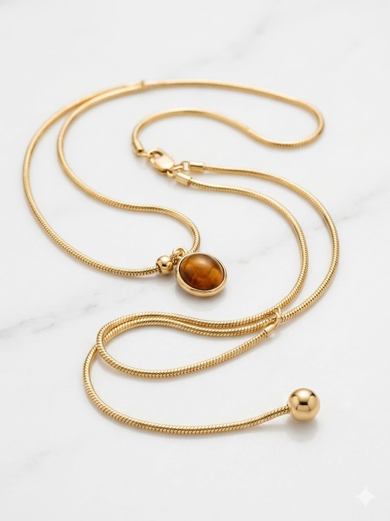 Adjustable Gold Necklace with Amber-Tone Stone – Minimalist Slider Pendant