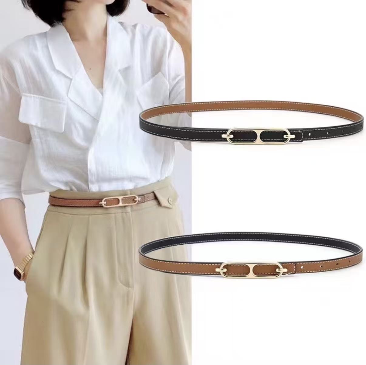 Reversible Slim Belt for Women – Two-Tone Black/White & Grey/Brown with Gold Buckle