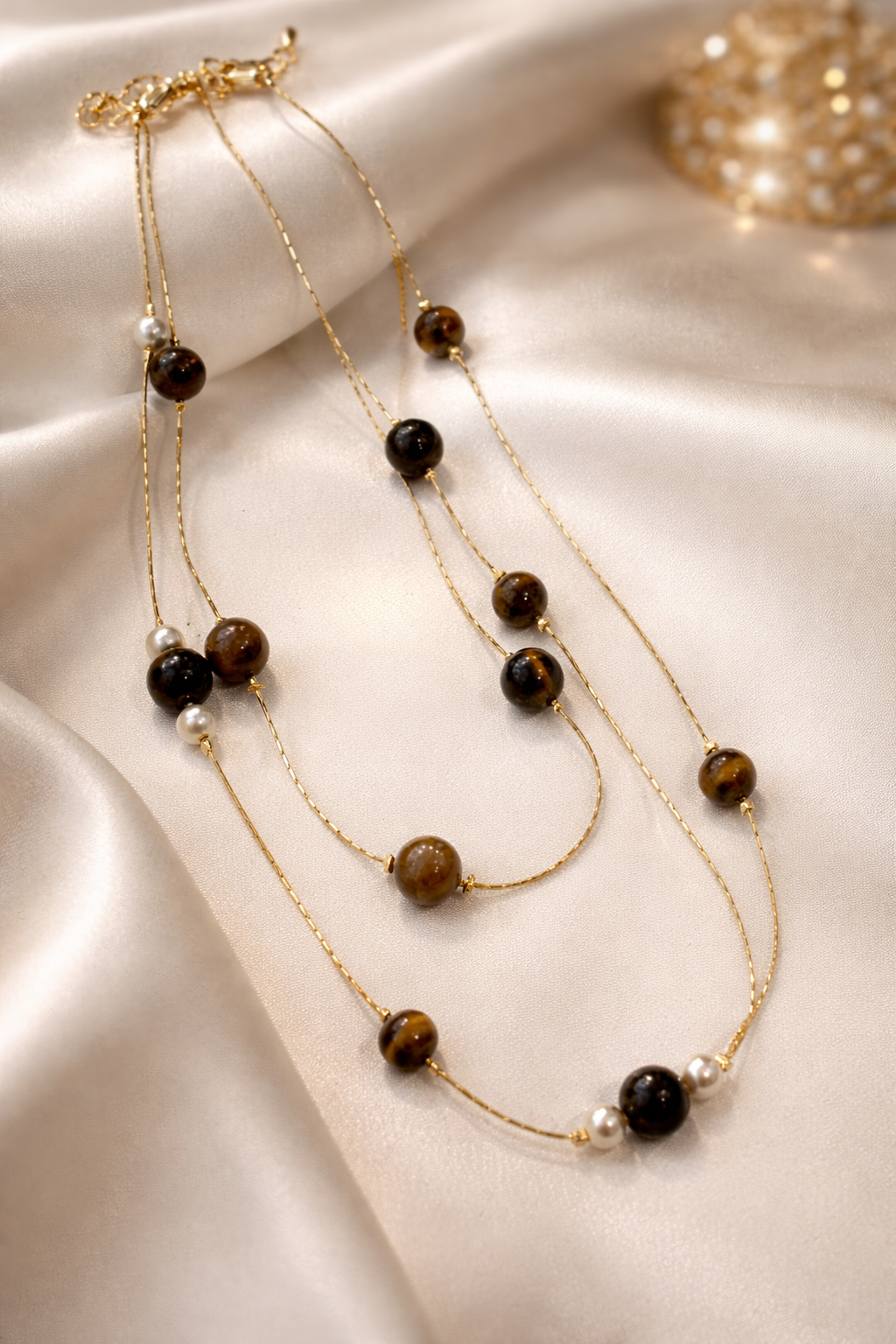 Layered Tiger’s Eye & Pearl Necklace – Gold Multi-Layer Chain Jewelry