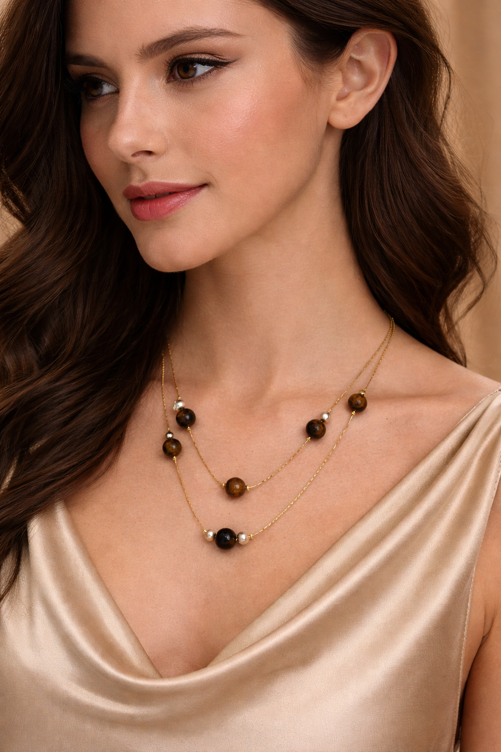 Layered Tiger’s Eye & Pearl Necklace – Gold Multi-Layer Chain Jewelry