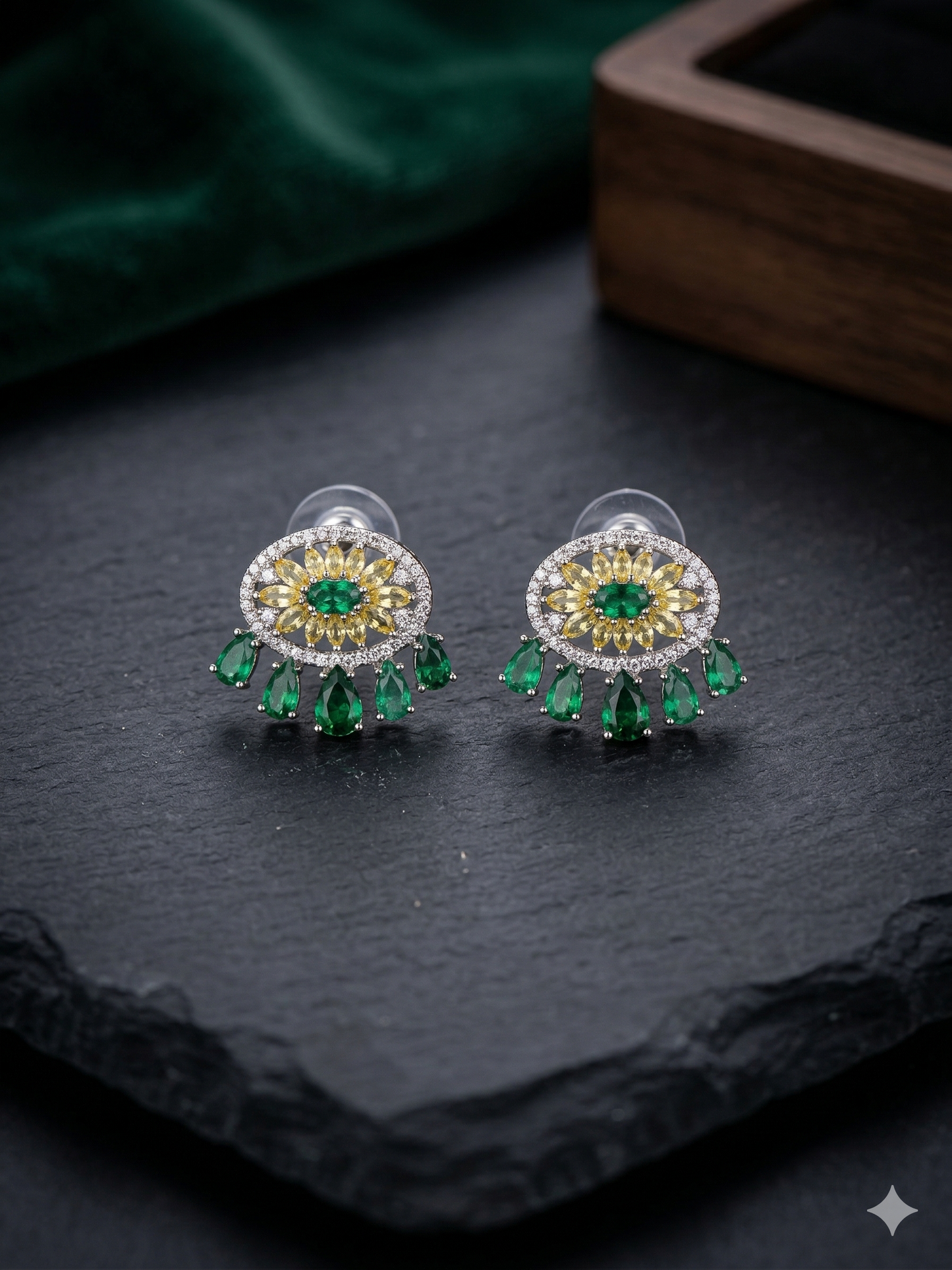 Dreamcatcher Crystal Earrings – Yellow & Green Stones with Sparkling Silver Accents