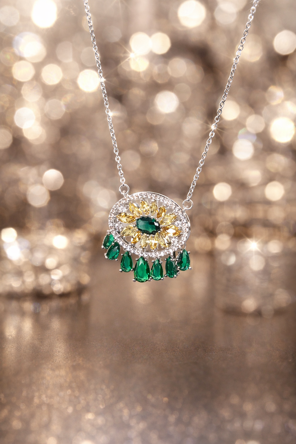 Emerald Floral Pendant Necklace – Crystal Halo with Elegant Drop Accents
