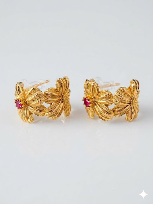 Gold Flower Half Loop Earrings