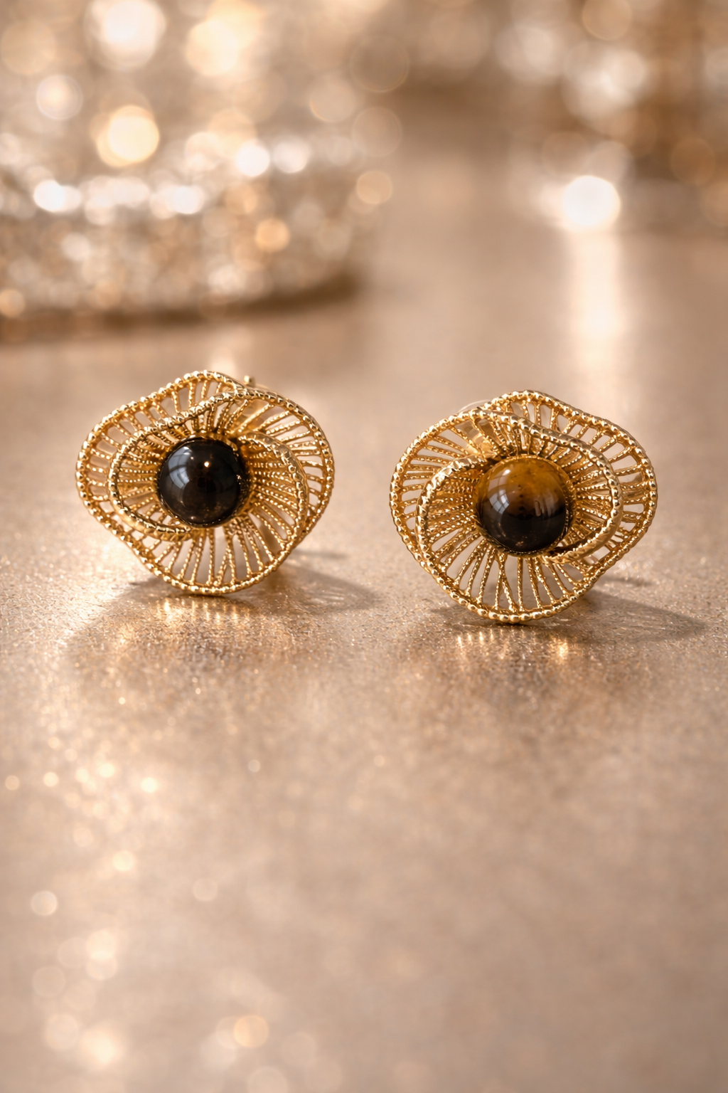 Vintage Gold Tiger’s Eye Stud Earrings – Filigree Statement Design