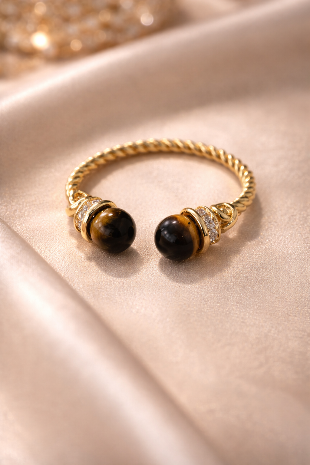 Gold Open Ring with Double Cat’s Eye Stones – Adjustable Elegant Statement Ring