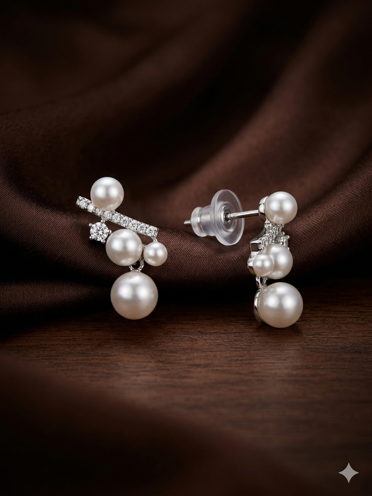 Silver Pearl & Crystal Drop Earrings – Elegant Multi-Pearl Stud Design