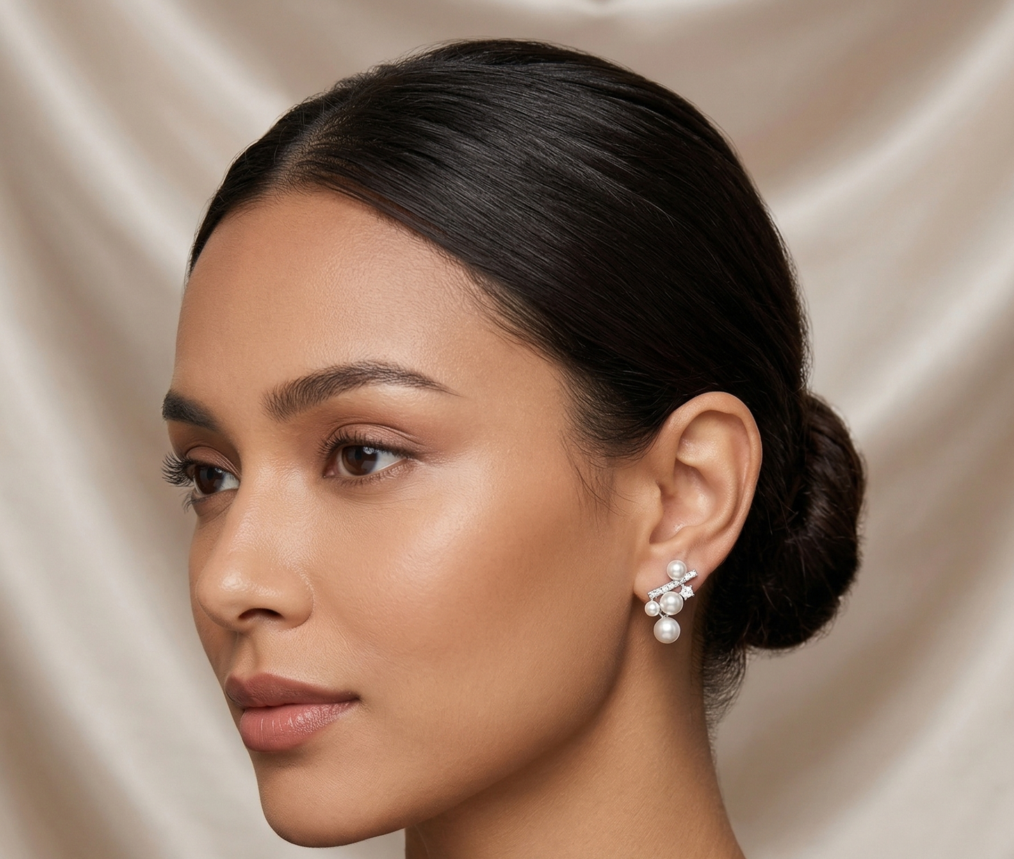 Silver Pearl & Crystal Drop Earrings – Elegant Multi-Pearl Stud Design