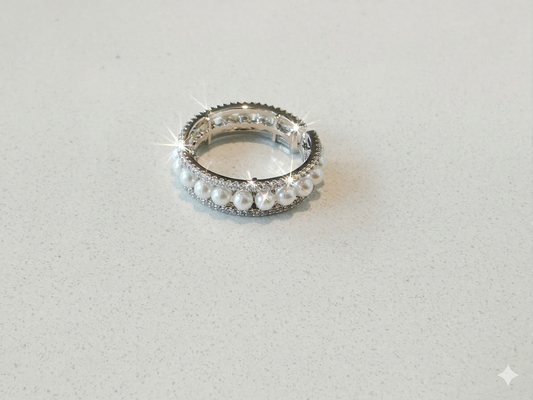 Double Band Pearl Ring with Crystal Accents – Elegant Silver Ring