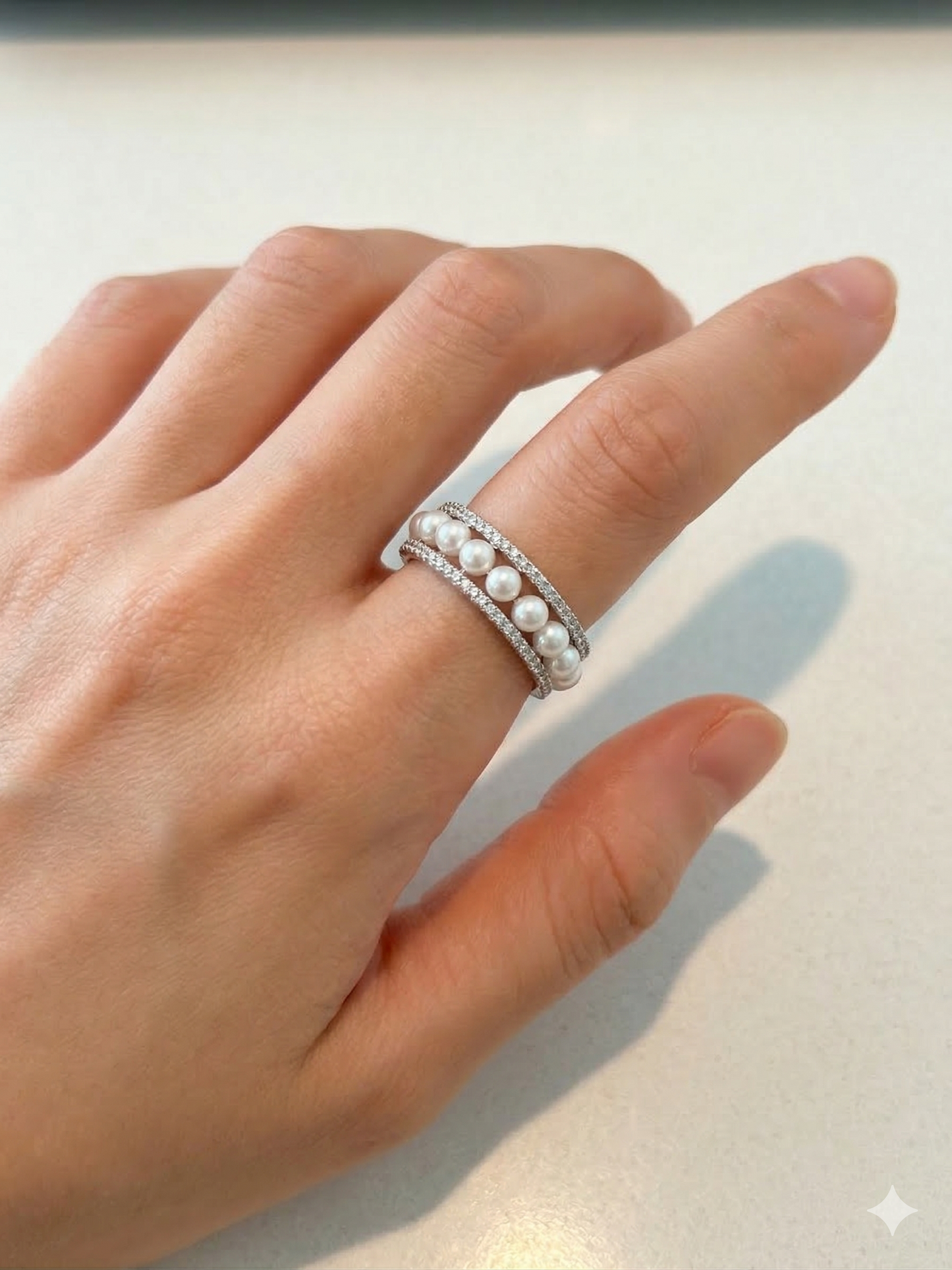 Double Band Pearl Ring with Crystal Accents – Elegant Silver Ring