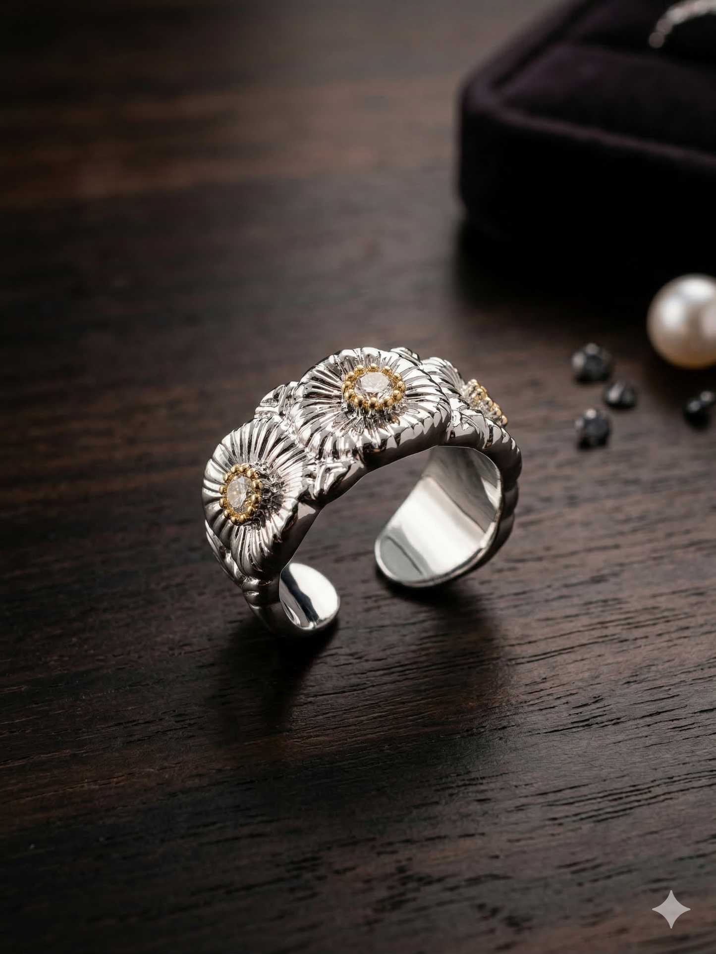 Silver Floral Open Ring with Soft Yellow Center – Elegant Adjustable Ring