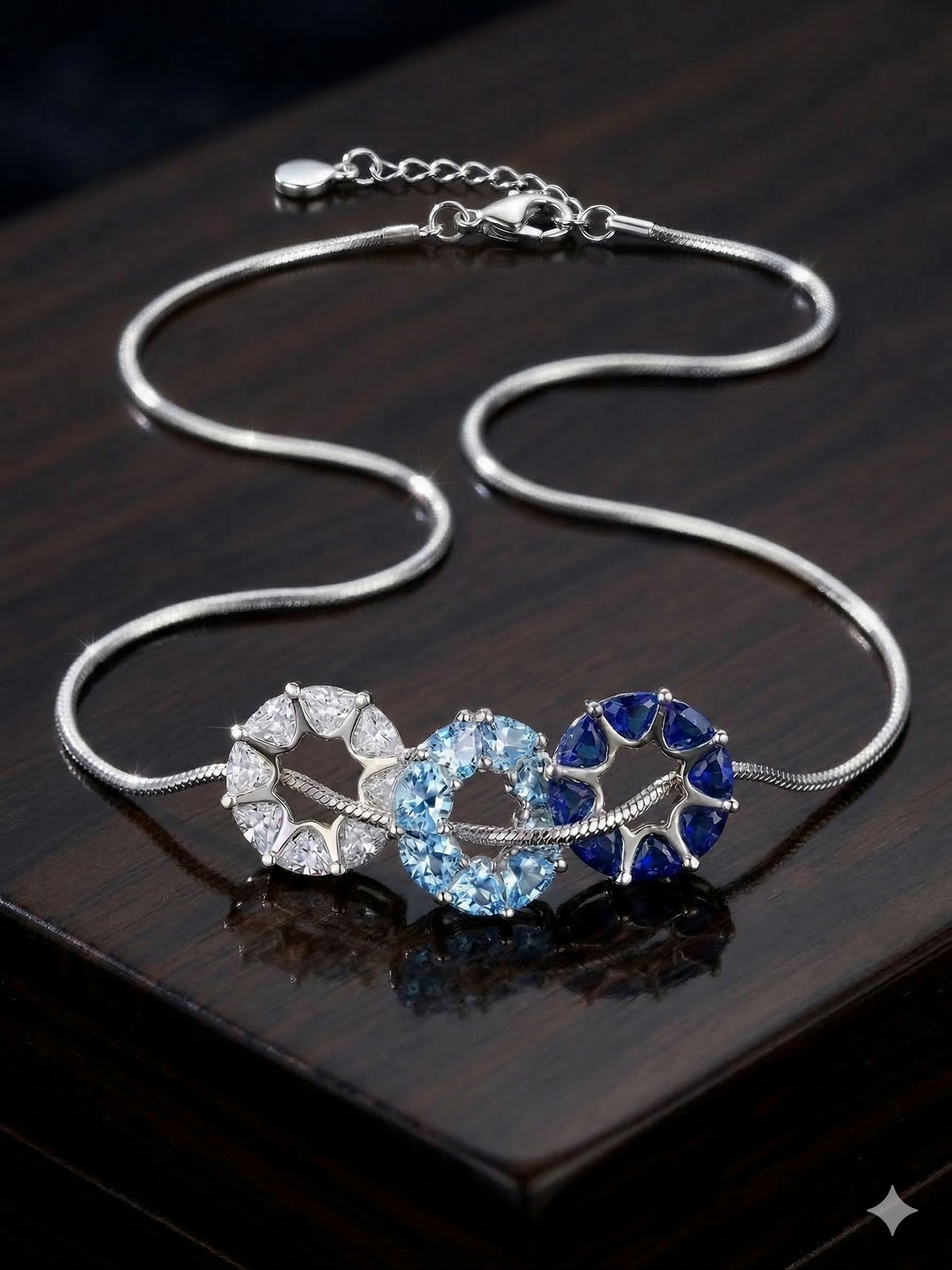 Triple Crystal Circle Necklace – Clear, Light Blue & Deep Blue Stones