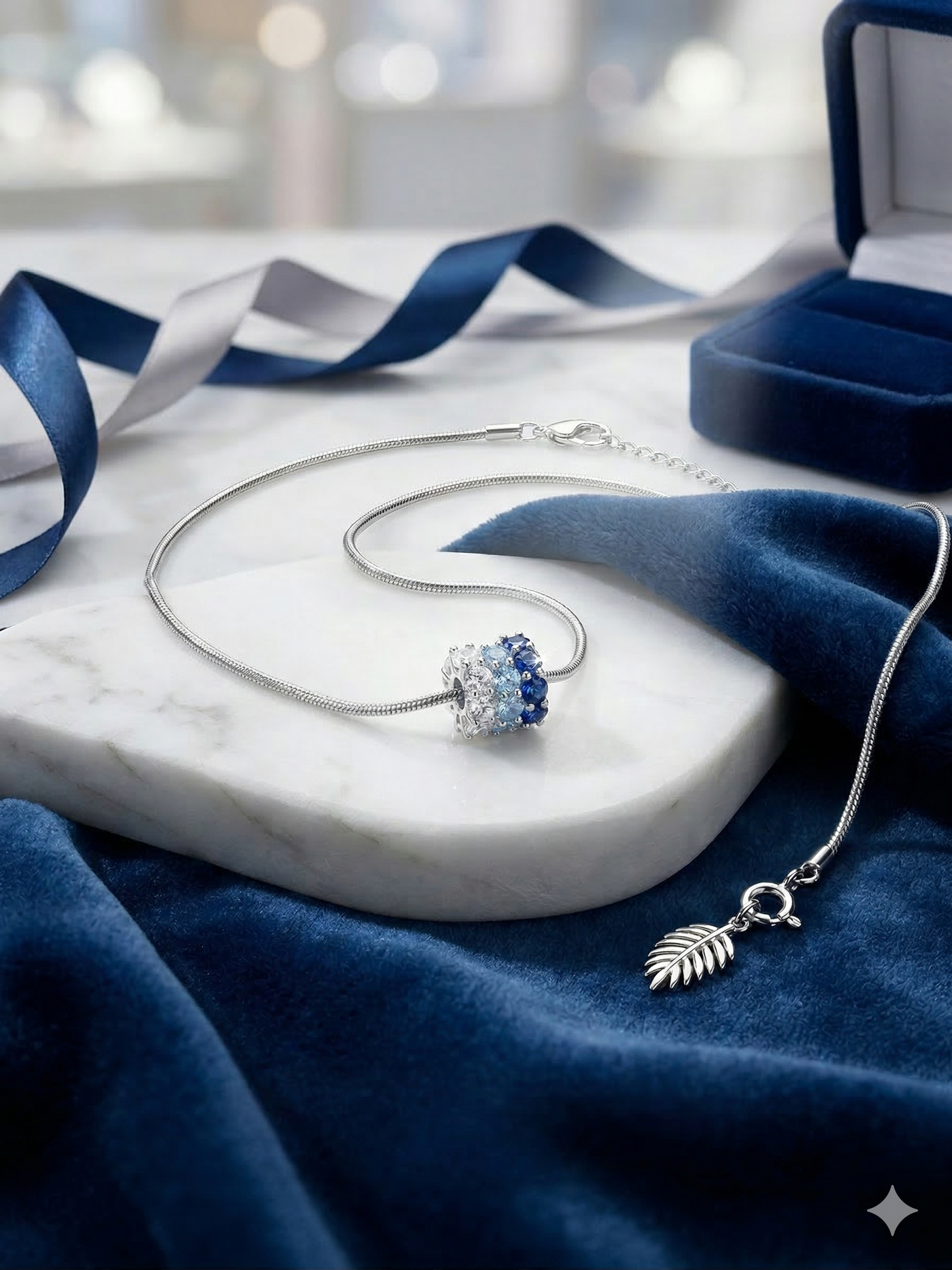 Triple Crystal Circle Necklace – Clear, Light Blue & Deep Blue Stones